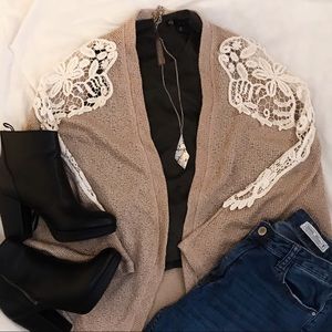 Tan Knitted/Crochet Cardigan